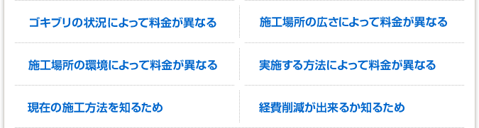 ゴキブリの状況によって料金が異なる。施工場所の広さによって料金が異なる。施工場所の環境によって料金が異なる。実施する方法によって料金が異なる。現在の施工方法を知るため。経費削減が出来るか知るため。